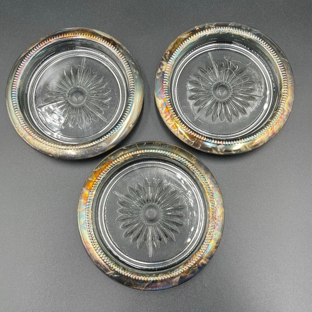 Vintage Leonard Silverplate Coasters Italy Glass Insert Starburst Set of 3